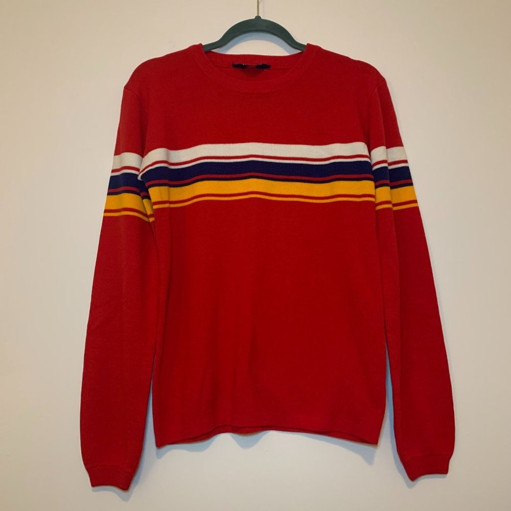 Vintage 80s BRITTANIA Red Sweater with white, blue and yellow strips, size small